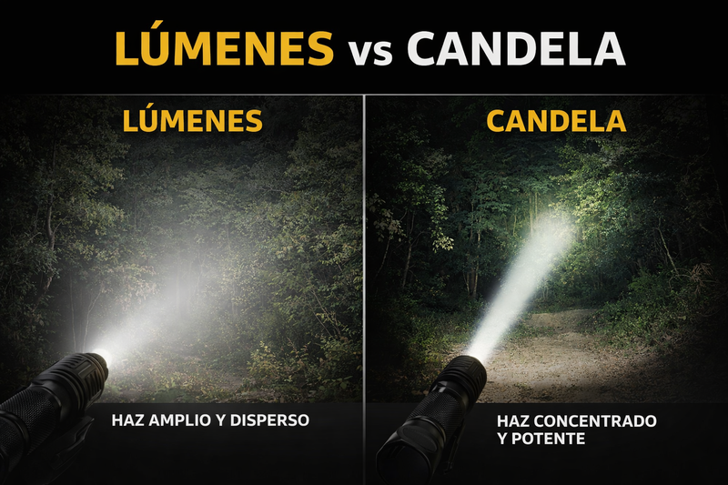 Comparativa visual entre lúmenes y candelas en una linterna táctica mostrando haz amplio y haz concentrado