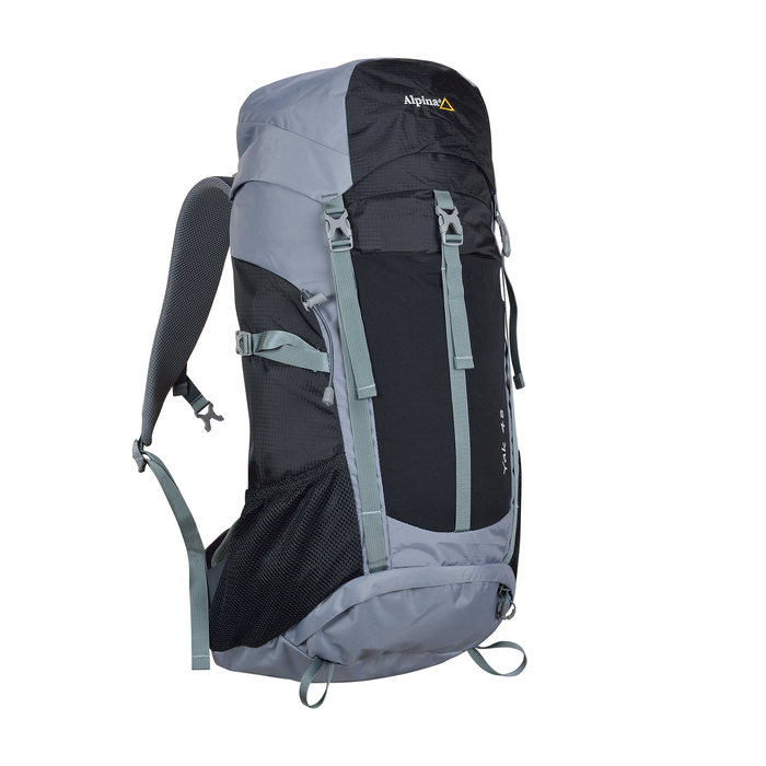 Mochila Yak 48L negra y gris, vista lateral