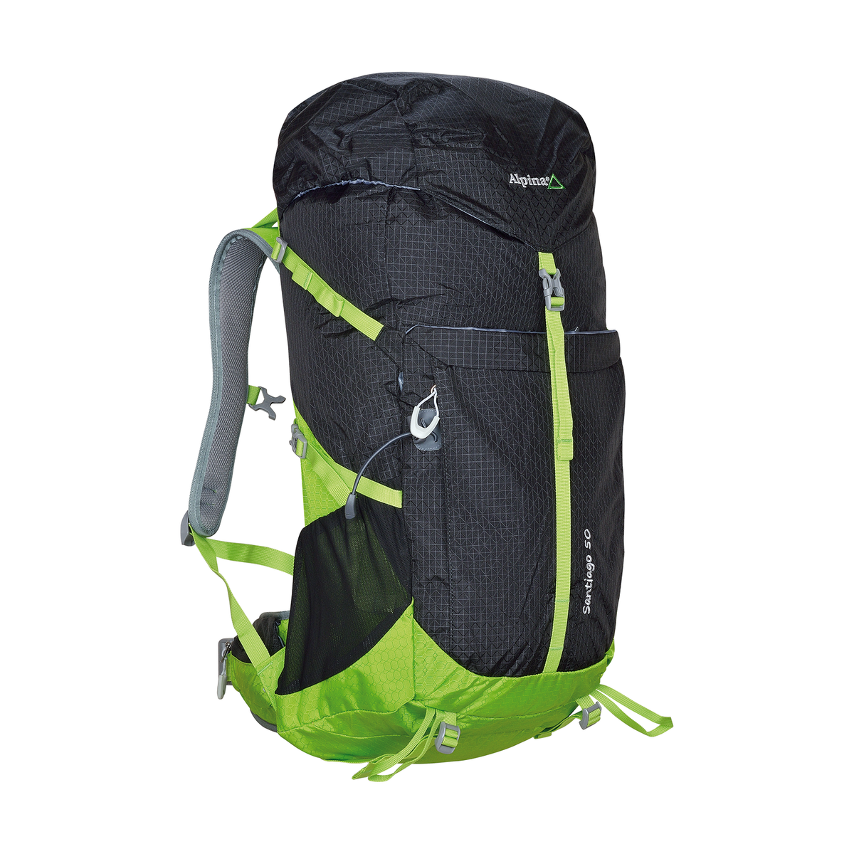 Mochila Yosemite 50L negra y verde, vista lateral