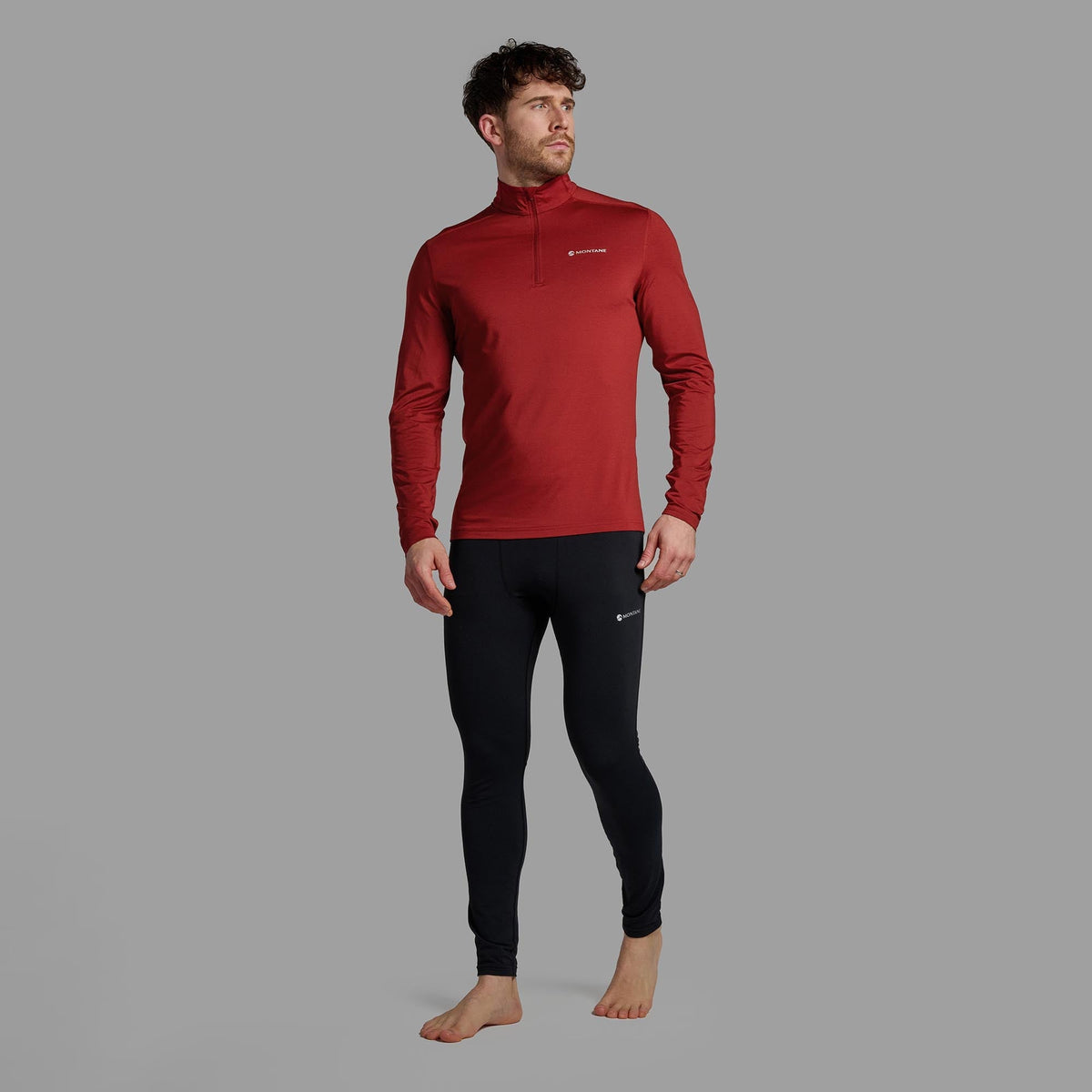 Primera capa Montane Dart XT Zip Neck Dark Maple en actividad